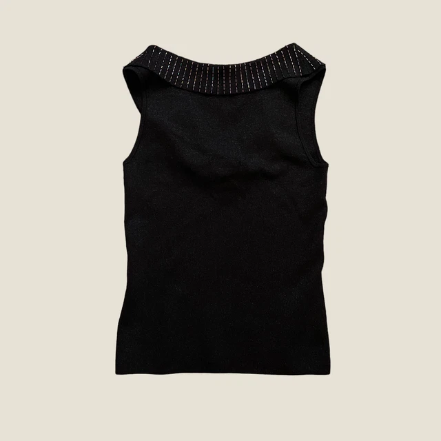 1990s Vintage Caché Black Metallic Beaded Draped Knitwear Tank Top Size Medium