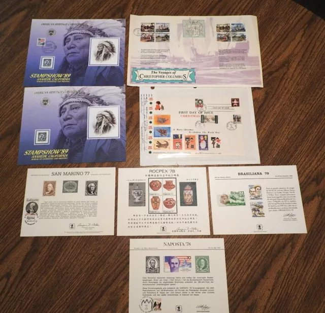 Lot of 8 1970s-90s Philatelic Souvenir Cards: BEP, Domestic & Intl Stamp Shows