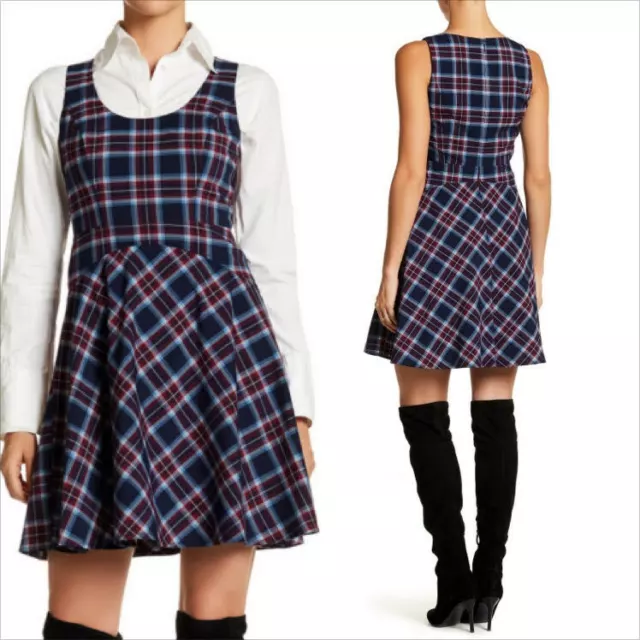 Donna Morgan Fit & Flare Crepe Dress Sz 8 Womans Navy Red Plaid Sleeveless $138