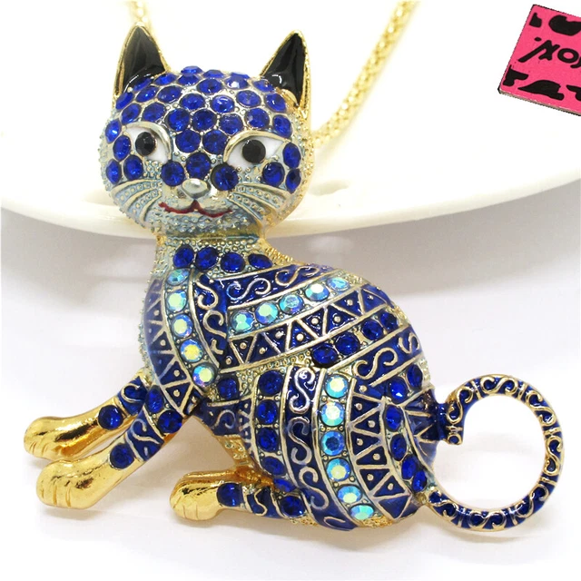 Betsey Johnson Blue Enamel Cute Cat Animal Crystal Pendant Women Necklace Gift