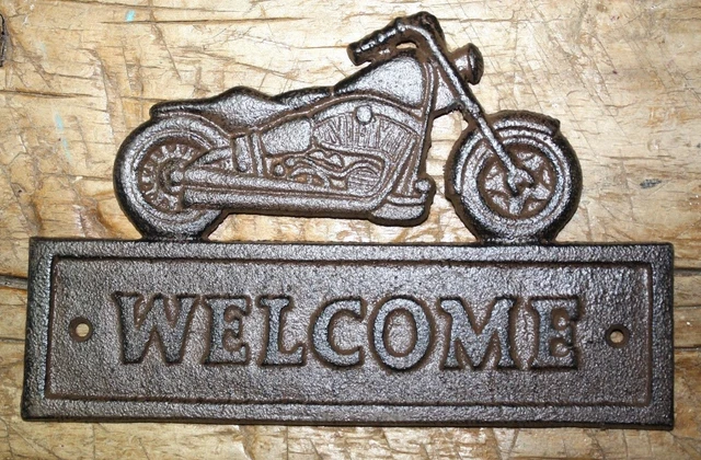 Cast Iron MOTORCYCLE WELCOME Sign Plaque Man Cave Wall Decor Harley Garage Biker