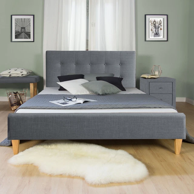 Lit en Tissu Double Rembourré Cadre de Sommier à Lattes 140x200 cm Homestyle4u