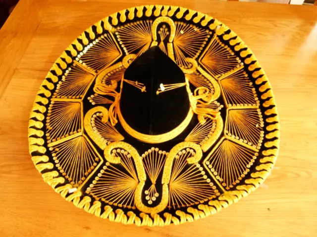 Original Vintage Pigalle Mexican Velvet Black and Gold Sombrero Hat
