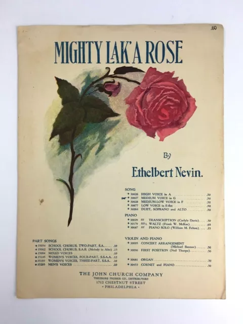 Mighty Lak a Rose Piano Sheet Music Ethelbert Nevin 1901 John Church Vintage