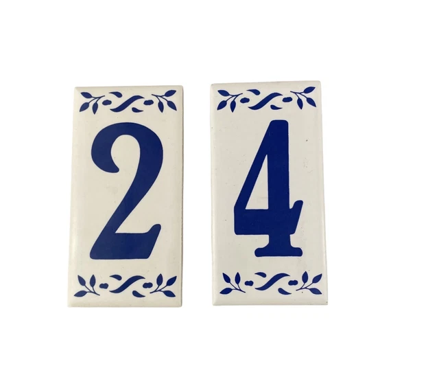 Ceramic Tiles Number 2 And 4 With Leaf Scroll Off White And Blue