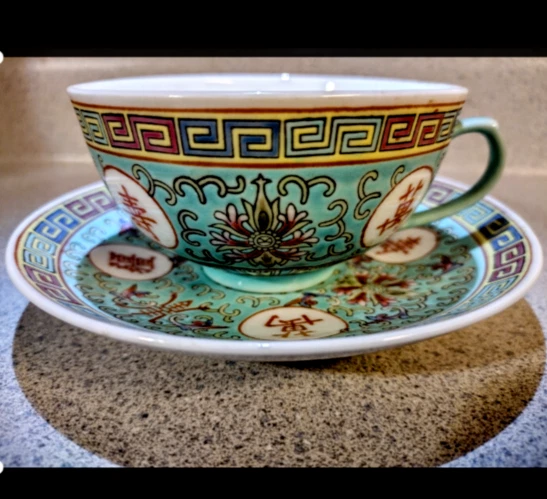 Vtg Turquoise Mun Shou Longevity Famille Rose Jingdezhen Teacup and Saucer Set