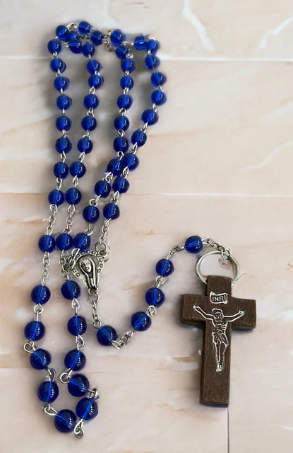 Blue Rosary Beads Prayer Necklace Wood Cross Faith Mediation Comfort 5 Decade