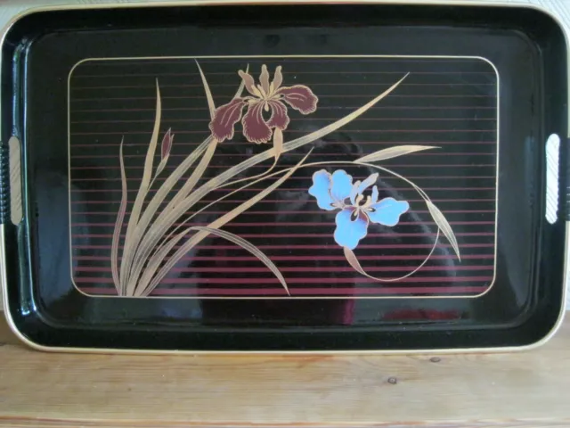 Vintage Japanese Black Lacquered Tray Iris Design with handles