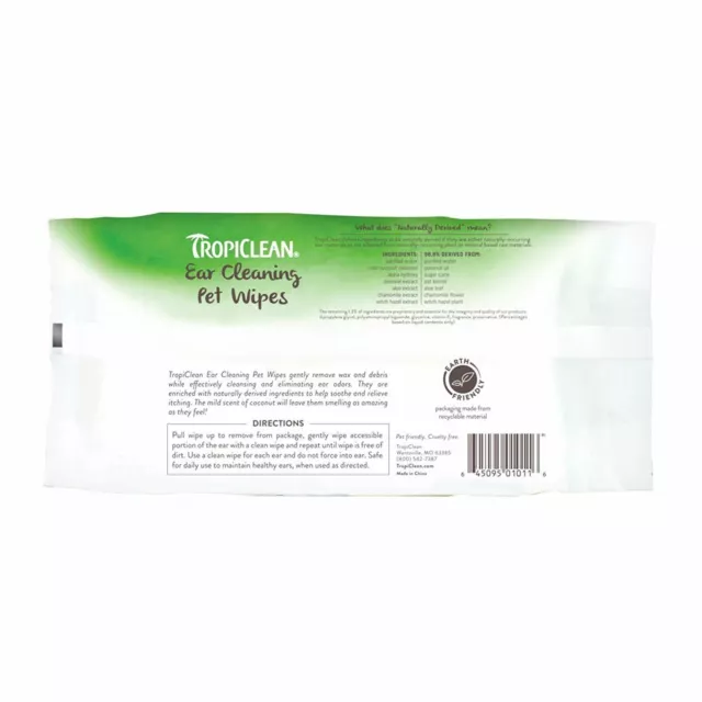TropiClean Ear Cleaning Pet Wipes Elimina Cera Olores Coco Limpiador para Gato