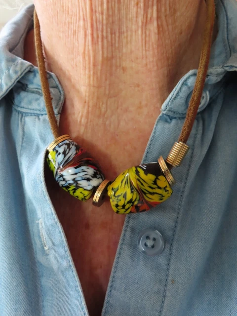 Vintage 1970's Reversible Artisan Bead Leather Necklace