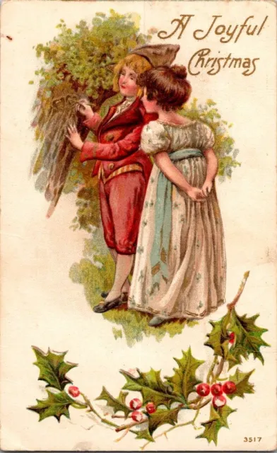 A Joyful Christmas Young Lovers Antique Embossed Postcard A6