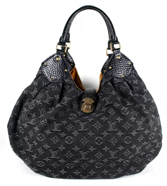 LOUIS VUITTON $2,200 Black Monogram Denim Large MAHINA Hobo Shoulder Bag