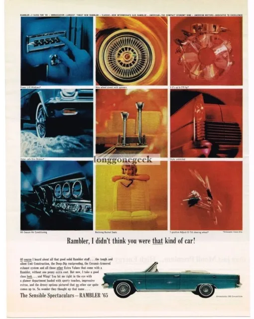 1965 RAMBLER Ambassador 990 Blue Convertible shows options Vintage Ad