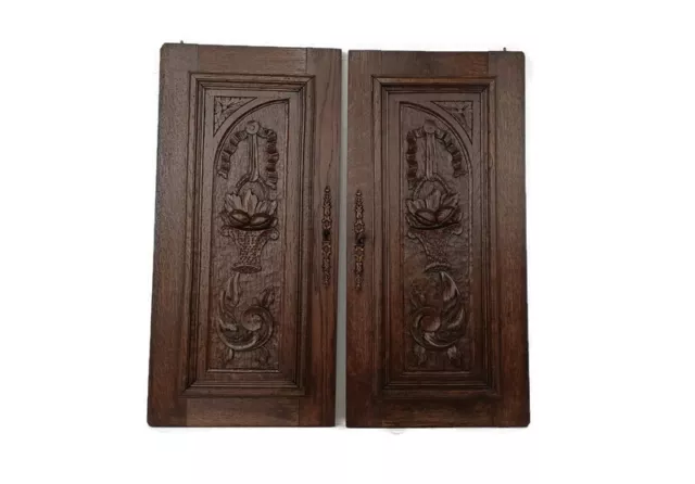 Pair Antique French hand Carved Wood Oak Door Panels Reclaimed Architectural Flo