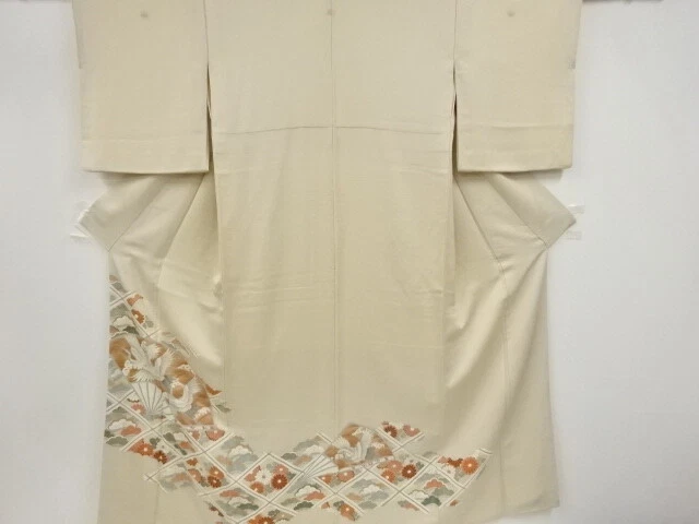 42529# Japanese Kimono / Antique Kimono / Embroidery / Fan With Crane & Flow