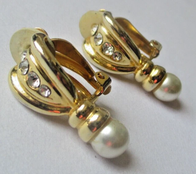 Belles Boucles D'oreilles Clips Bleu Cristal - Cabochon Bleu & Cristaux Blancs - Doré
