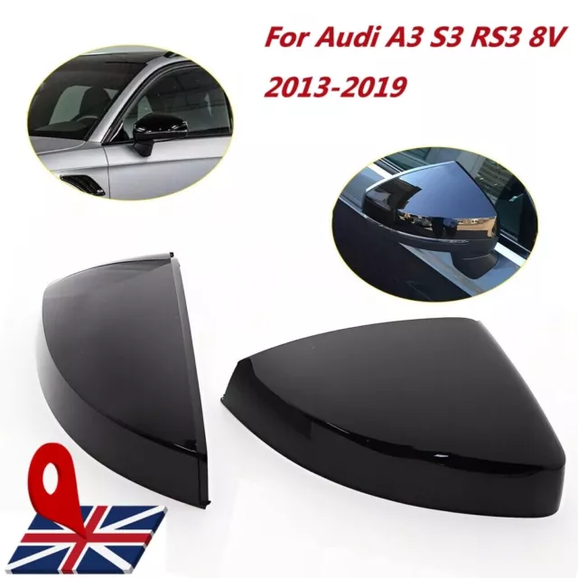 Pair Gloss Black Door Wing Mirror Cover Caps For Audi A3 S3 RS3 8V 2013-2019 UK