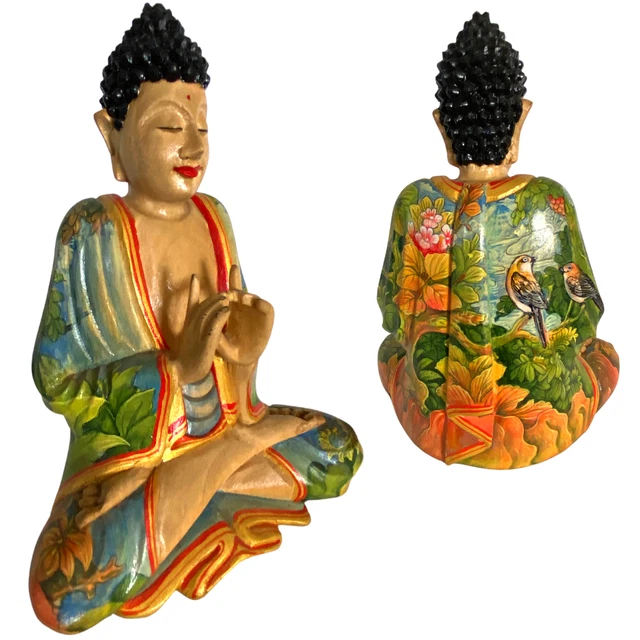 Buddha Statue Lotus Pose Manidhari Mudra Painted Wood Carving Sculpture Bali Art