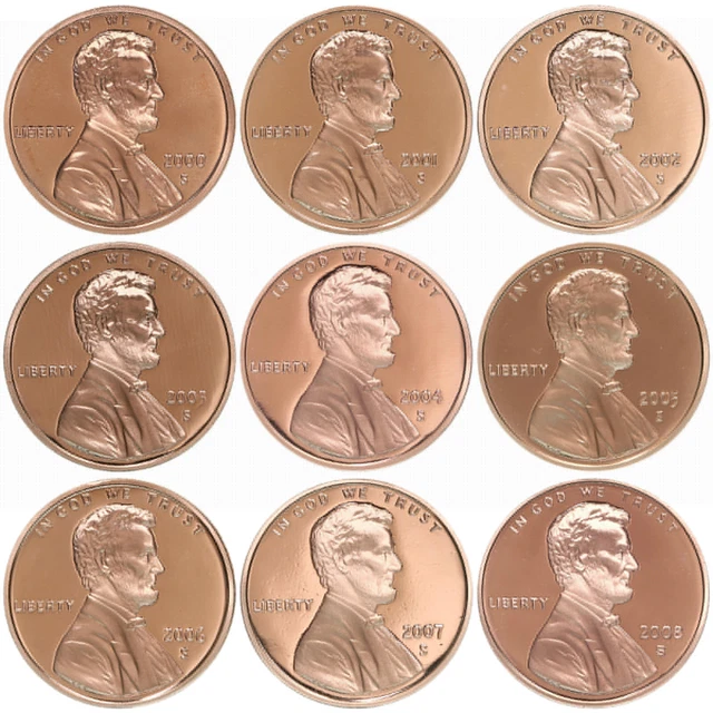 2000-2008 S Lincoln Memorial Cent Gem Deep Cameo Proof Run 9 Coin Set US Mint