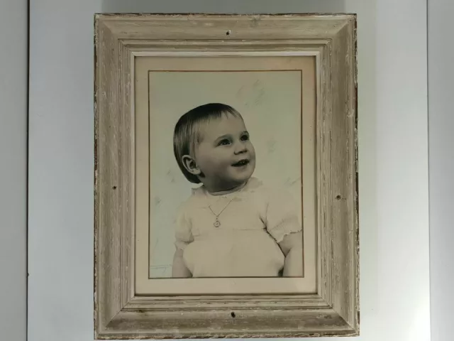 Cadre photo bois ancien vintage sous verre photographie superbe bébé souriant