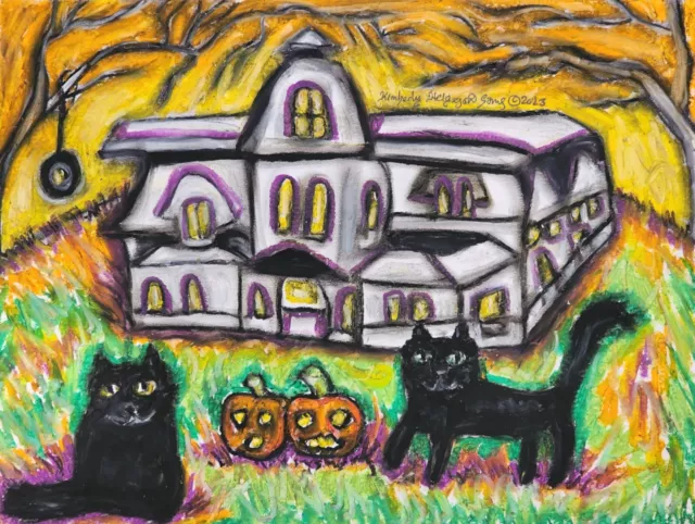 BLACK CATS HAUNTED HOUSE 13 x 19 Art Print Halloween Collectible Artist KSams