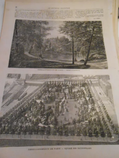 1868 engraving - Mare d'Auteil Square embellishments of batignolles