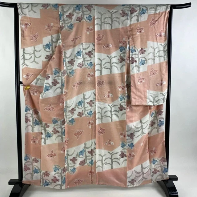 Japanese Kimono Furisode Pure Silk Awase Flowering Plant Pink White