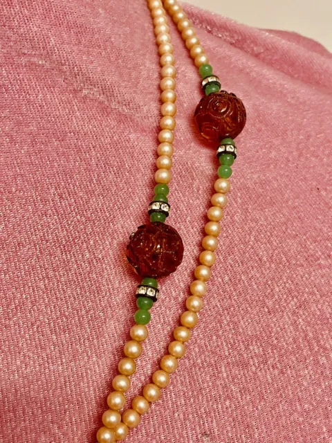 Vtg Art Deco Glass Pearl Amber Bakelite Carved Rose Bead Flapper Opera Necklace