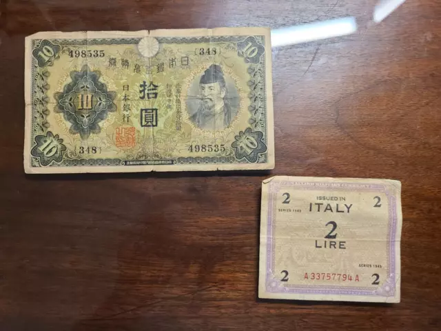 World War II Note LOT Japan 10 YEN and Italy 2 LIRE 1943