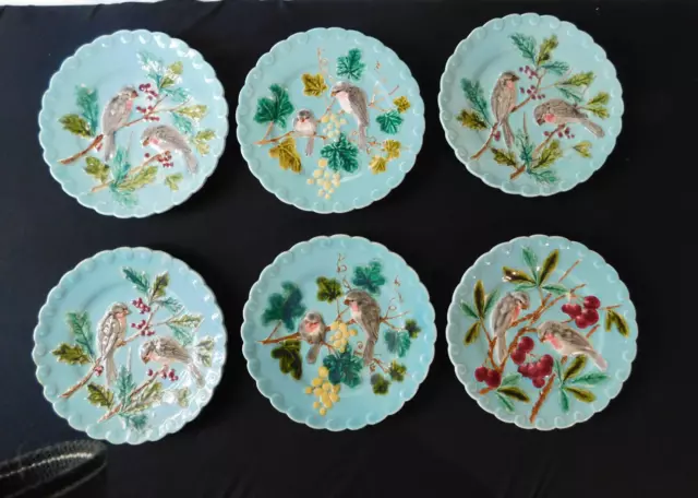 Sarreguemines 6 assiettes anciennes barbotine vers 1900 décor oiseaux