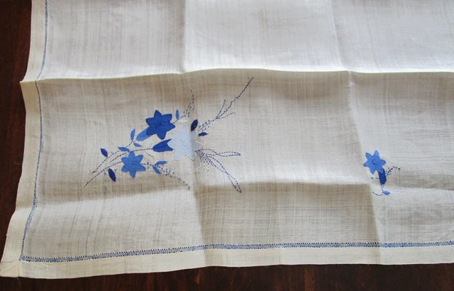 Vtg Square Tablecloth Tea Linen Blue Flowers Appliqued and Embroidered 31"x31"