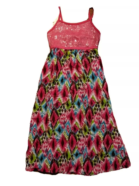 Girls ZOEY Dress Sz 8 Pink Sequins Multi Colored long Sun