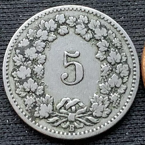1898 Switzerland 5 Rappen Coin XF   ( 2.5 Million Minted )  #M209
