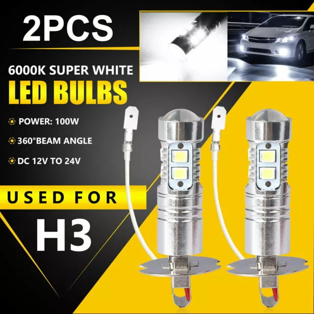 2Pcs H3 LED Bulb Headlight Car Fog Light White 6000K 100W Super Bright Canbus GB