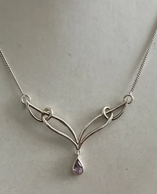 Beautiful Silver 925 Art Nouveau Style Amethyst Teardrop Necklace