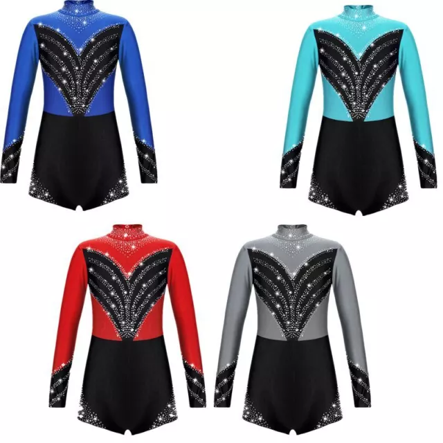 Kids Girls One Piece Long Sleeve Jumpsuit Shinny Rhinestone Biketard Dancewear