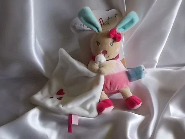 Doudou perle de lapin rose, mouchoir blanc coeurs rouge, Baby Nat, (Babynat)