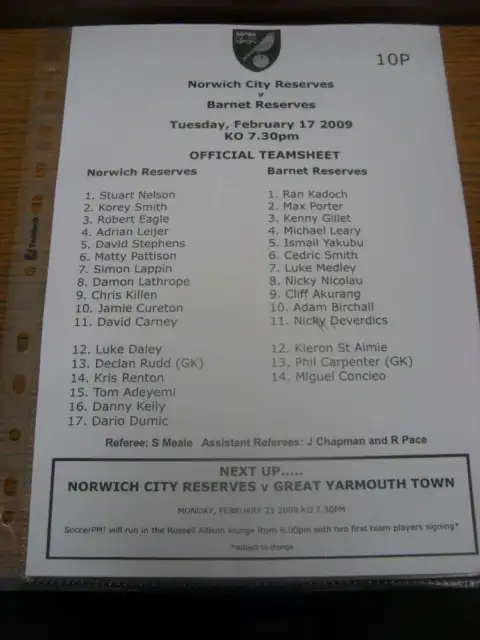 17/02/2009 Norwich City Reserves v Barnet Reserves  (single sheet)