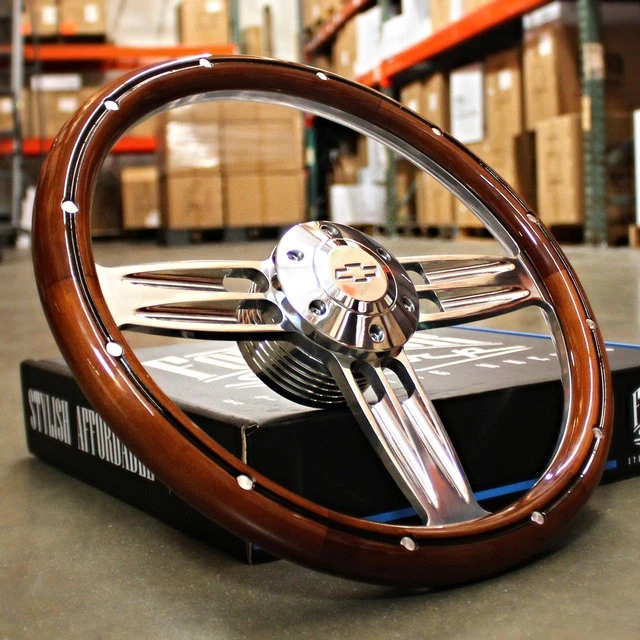 14" Inch Polished & Wood Steering Wheel Chevy Bowtie Horn , 6 Hole C10 Camaro