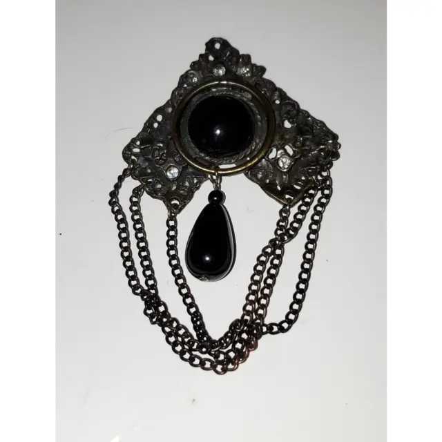 Victorian Inspired Mourning Brooch Pin Pot Metal Black Cabachon And Drop Vintage