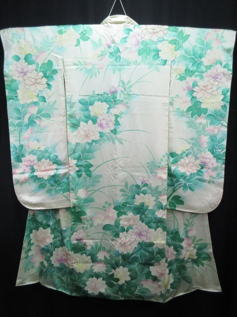 7276 Silk Vintage Japanese Kimono Furisode Peony Bellflower Rinzu Tall