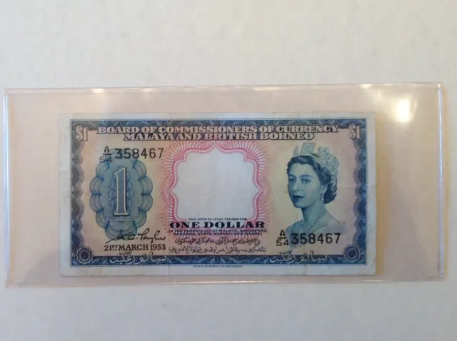 ~1953 Malaya & British Borneo Elizabeth II One Dollar $1 Banknote P 1