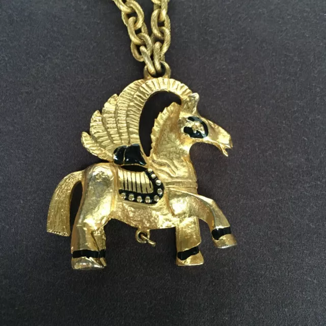 Vintage Necklace Flying Pegasus Craft Signed Gold Tone missing teardrop dangle