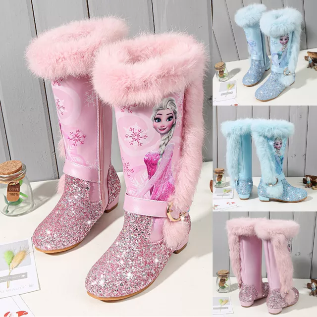 Kids Girls Sequin Fluffy Fur Lined Frozen Princess Party Snow Boots Shoes YHU87