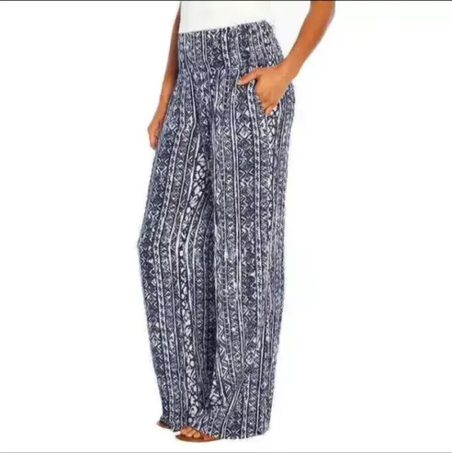 Three Dots Printed Relaxed Loose Fit Smocked Waist Wide Leg Pockets Gauze Pant