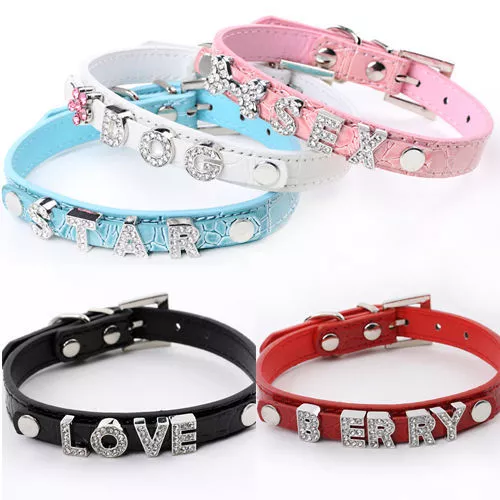 Pet Cat Dog Puppy Croc Leather Personalized DIY Collar Name Rhinestone Letters