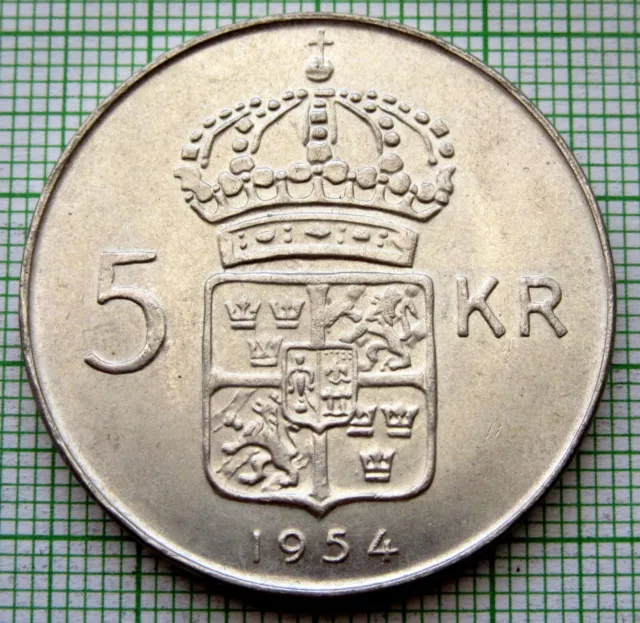 SWEDEN King Gustaf VI Adolf 1954 TS 5 KRONOR, 0.400 LARGE SILVER km# 829 UNC