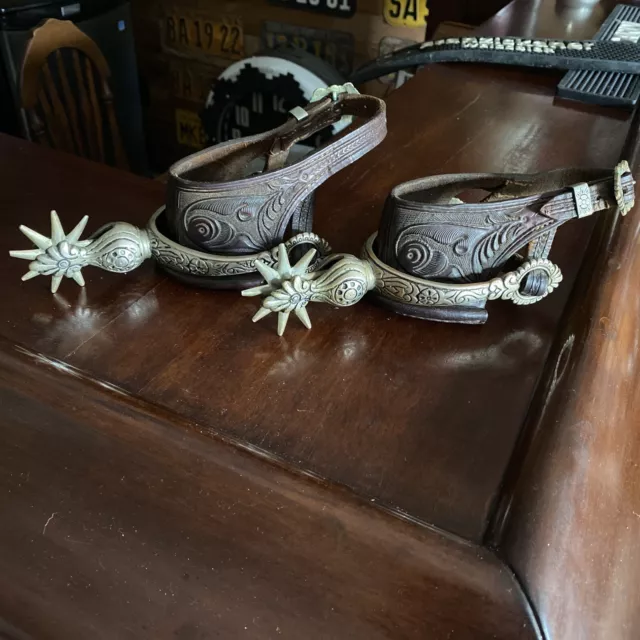 Antique  Vintage 19th C. Peruvian Leather / Nickel Silver Spurs Beautiful!!!!