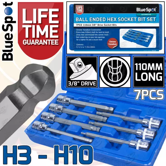 Extra Long BALL ENDED HEX Key Bit Socket Set 7PC 3/8" Drive Ball Ended Allen Key