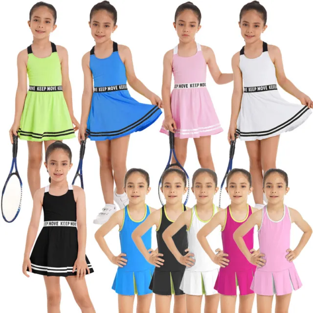 Kids Girls Gym Dress Cross Back Top Athletic Shorts Golf Tennis Outfit Tracksuit